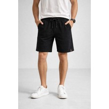 Lushiowear Erkek Otoban Dokuma Şort Beli Lastikli Bağcıklı, Cepli, Rahat Kesim Günlük Yazlık Şort - Siyah