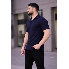Lushiowear Erkek Waffle Kumaş Kısa Kollu Düğmeli Açık Yaka Regular Fit Gömlek - Lacivert
