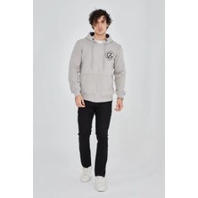 Lushiowear Erkek 3 Iplik Pamuklu Fermuarlı Kapüşonlu Kanguru Cepli Baskılı Hoodie Hırka Sweatshirt - Boyalı Gri