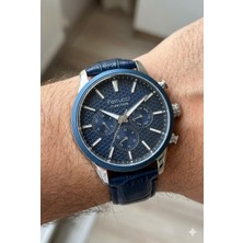 Ferrucci Gümüş Yuvarlak Kasa Erkek Kol Saati | 45 mm Çelik Kasa, Lacivert Deri Kordon, Siyah Kadran