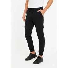 Lushiowear Erkek Siyah Jogger Eşofman Altı Kalıp Kargo Cepli Lastikli Paça Spor Pantolon - Siyah