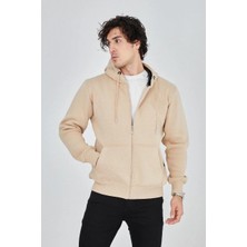 Lushiowear Erkek 3 Iplik Pamuklu Fermuarlı Kapüşonlu Kanguru Cepli Hoodie Hırka Sweatshirt -Bej