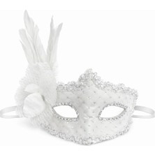Beyaz Tüylü Venedik Lüks Balo Maskesi - Lisinya