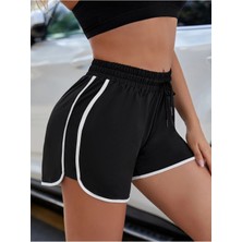 Makiteks Kadın Siyah Yanları Beyaz Şeritli Spor Şort - Bağcıklı Mini Koşu Fitness Voleybol Şortu