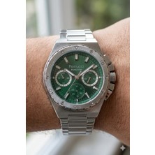 Ferrucci Güçlü Tasarım Erkek Kol Saati | 45 mm Çelik Kasa, Gümüş Metal Kordon, Yeşil Kadran