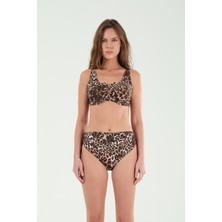 Louren Kadın Leopar Desenli Kalın Kenarlı Çıkarılabilir Kaplı Telli Toparlayıcı Bikini Takımı