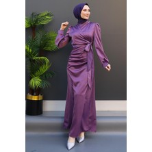 Giza Store Saten Yan Kuşaklı Elbise Lila