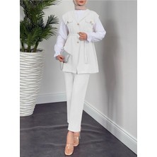 Moda Morfo Sıfır Kol Önü Düğmeli Beli Kemerli Üçlü Takım  -Ekru