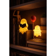 Printella LED Kitap Okuyan Hayalet & Kırmızı Balonlu Hayalet Dekoratif Gece Lambası Seti