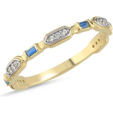 Sembol Gold 14 Ayar Altın Baget Taşlı Vintage Yüzük - Mavi Taşlı