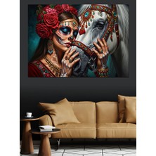 Karizma Tablo Çiçekli  Maskeli Kadın ve At Dekoratif Kanvas - Mdf Ahşap Tablo