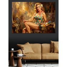 Karizma Tablo Palet Tutan Sanatçı Pin-Up Kadın Dekoratif Kanvas - Mdf Ahşap Tablo