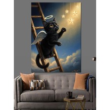 Karizma Tablo Merdivene Tırmanan Kanatlı Kara Kedi Dekoratif Kanvas - Mdf Ahşap Tablo