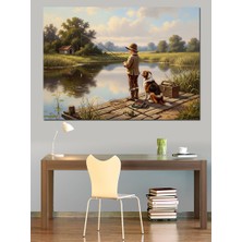 Karizma Tablo Göl Kenarında Köpeğiyle Balık Tutan Çocuk Dekoratif Kanvas - Mdf Ahşap Tablo