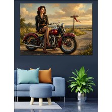 Karizma Tablo Motosiklet Üzerinde Poz Veren Kadın Dekoratif Kanvas - Mdf Ahşap Tablo