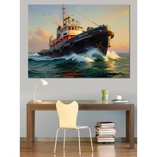 Karizma Tablo Dalgalı Denizde Ilerleyen Römorkör Gemisi Dekoratif Kanvas - Mdf Ahşap Tablo