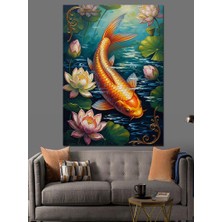 Karizma Tablo Nilüferler Arasında Turuncu Koi Balığı Dekoratif Kanvas - Mdf Ahşap Tablo