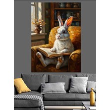 Karizma Tablo Koltukta Kitap Okuyan Beyaz Tavşan Dekoratif Kanvas - Mdf Ahşap Tablo