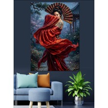 Karizma Tablo Kırmızı Yelpazeli Geleneksel Japon Kadını Dekoratif Kanvas - Mdf Ahşap Tablo