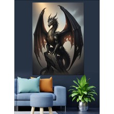 Karizma Tablo Kanatlı Heybetli Siyah Ejderha Figürü Dekoratif Kanvas - Mdf Ahşap Tablo