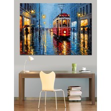 Karizma Tablo Islak Sokakta Kırmızı Nostaljik Tramvay Dekoratif Kanvas - Mdf Ahşap Tablo