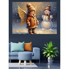 Karizma Tablo Kar Içinde Küçük Melek ve Kardanadam Dekoratif Kanvas - Mdf Ahşap Tablo