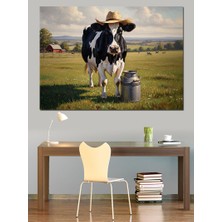 Karizma Tablo Şapkalı ve Süt Kovalı Inek Dekoratif Kanvas - Mdf Ahşap Tablo