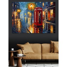 Karizma Tablo Yağmurlu Gecede Kırmızı Telefon Kulübesi Dekoratif Kanvas - Mdf Ahşap Tablo