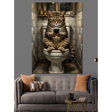 Karizma Tablo Klozet Üzerinde Telefona Bakan Kedi Dekoratif Kanvas - Mdf Ahşap Tablo