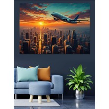Karizma Tablo Şehir Üzerinde Uçan Yolcu Uçağı Dekoratif Kanvas - Mdf Ahşap Tablo