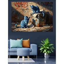 Karizma Tablo Sokaktaki Çöp Tenekesinde Iki Mavi Kedi Dekoratif Kanvas - Mdf Ahşap Tablo