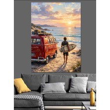 Karizma Tablo Gün Batımında Kırmızı Karavan ve Sörfçü Dekoratif Kanvas - Mdf Ahşap Tablo