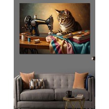 Karizma Tablo Dikiş Makinesinde Çalışan Tekir Kedi Dekoratif Kanvas - Mdf Ahşap Tablo