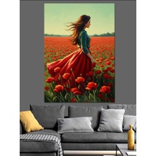Karizma Tablo Gelincik Tarlasında Kırmızı Elbiseli Kadın Dekoratif Kanvas - Mdf Ahşap Tablo