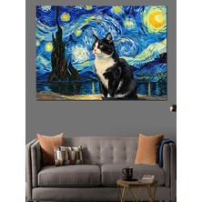 Karizma Tablo Yıldızlı Gece Tarzında Siyah Kedi Dekoratif Kanvas - Mdf Ahşap Tablo