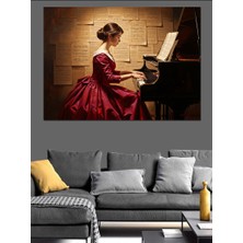 Karizma Tablo Piyano Çalan Kırmızı Elbiseli Kadın Dekoratif Kanvas - Mdf Ahşap Tablo