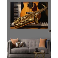 Karizma Tablo Gitar ve Saksafon Müzik Enstrümanları Dekoratif Kanvas - Mdf Ahşap Tablo