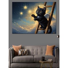 Karizma Tablo Bulutlar Üzerinde Merdivende Kara Kedi Dekoratif Kanvas - Mdf Ahşap Tablo