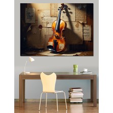 Karizma Tablo Notalar Üzerinde Duran Klasik Keman Dekoratif Kanvas - Mdf Ahşap Tablo