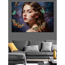 Karizma Tablo Kelebeklerle Süslü Genç Kadın Portresi Dekoratif Kanvas - Mdf Ahşap Tablo