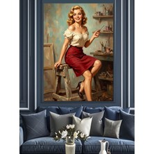 Karizma Tablo Kafe Ortamında Vintage Pin-Up Kadın Dekoratif Kanvas - Mdf Ahşap Tablo