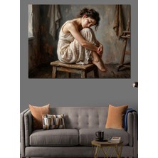 Karizma Tablo Taburede Oturan Hüzünlü Kadın Portresi Dekoratif Kanvas - Mdf Ahşap Tablo