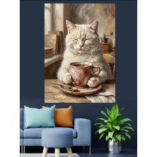 Karizma Tablo Kahve Fincanı Tutan Beyaz Kedi Dekoratif Kanvas - Mdf Ahşap Tablo