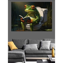 Karizma Tablo Tuvalette Gazete Okuyan Komik Kurbağa Dekoratif Kanvas - Mdf Ahşap Tablo