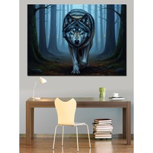 Karizma Tablo Karanlık Ormanda Yürüyen Gri Kurt Dekoratif Kanvas - Mdf Ahşap Tablo