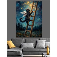 Karizma Tablo Merdivene Tırmanan Kanatlı Siyah Kedi Dekoratif Kanvas - Mdf Ahşap Tablo