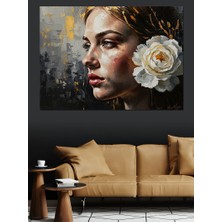 Karizma Tablo Çiçekli ve Düşünceli Kadın Portresi Dekoratif Kanvas - Mdf Ahşap Tablo