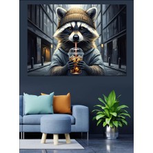 Karizma Tablo Kahve Içen Bereli Rakun Dekoratif Kanvas - Mdf Ahşap Tablo