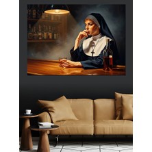 Karizma Tablo Bar Masasında Düşünceli Rahibe Figürü Dekoratif Kanvas - Mdf Ahşap Tablo