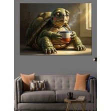 Karizma Tablo Kahvesini Yudumlayan Bilge Kaplumbağa Dekoratif Kanvas - Mdf Ahşap Tablo